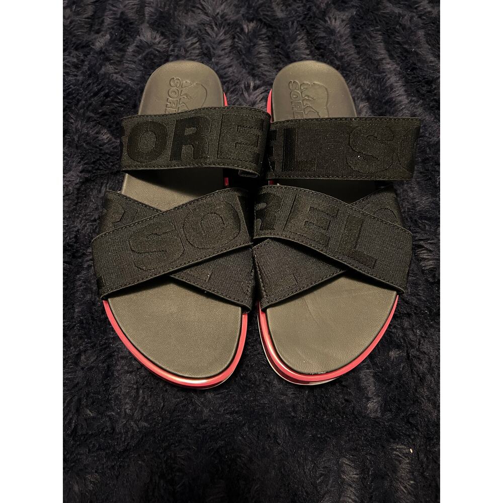 Sorel Women’s Sport Sandals 7.5 Black Logo Strap Slide Comfort Athleisure NWOT